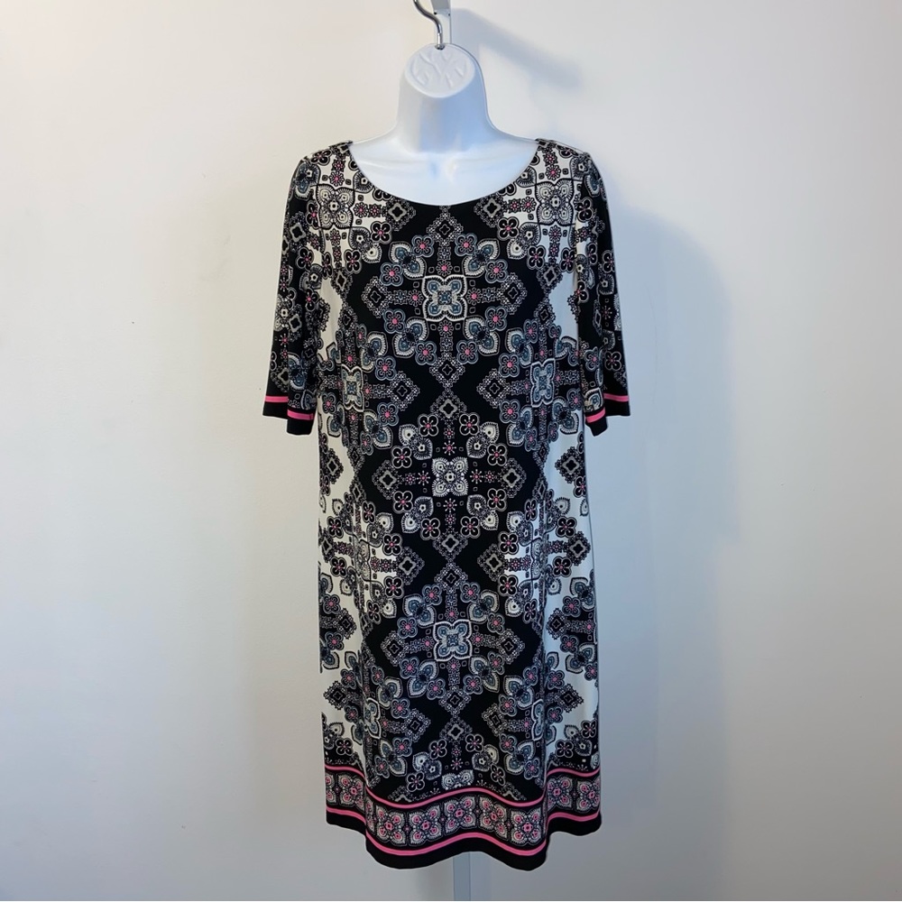 Eliza J Black Pink Shift Dress Size 14 Half Sleeve Jersey Knit Stretch